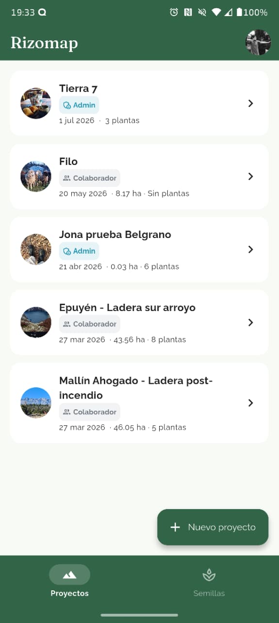 Pantalla de proyectos de Rizomap con la lista de proyectos de restauración